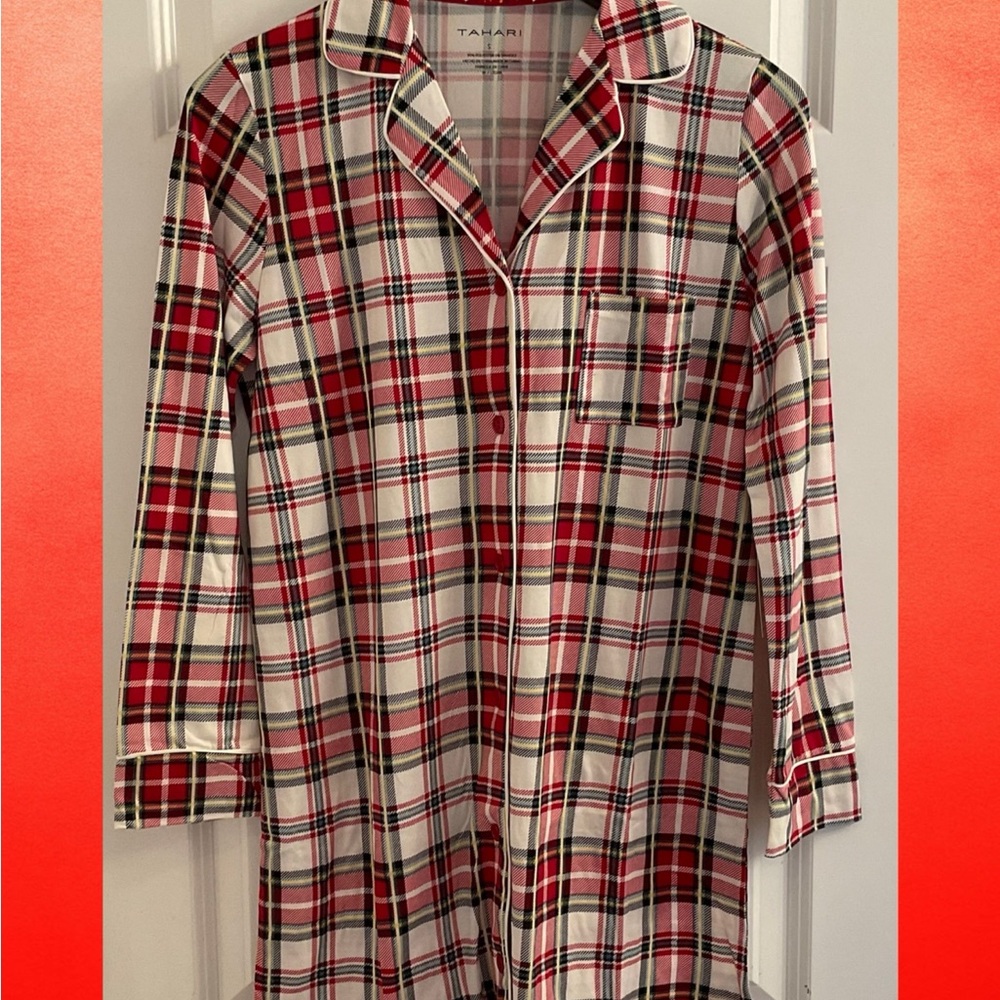 Tahari Notch Collar White / Holiday Plaid Sleepshirt Nightgown - NWT - Small - Picture 1 of 9